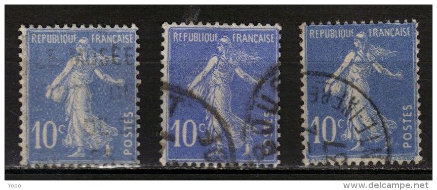 3 Semeuse 10 C. N° 279, Teintes Différentes Et Manques D'encre, Trame Du Rouleau D'impression Visible, Sur Le Premier - Used Stamps