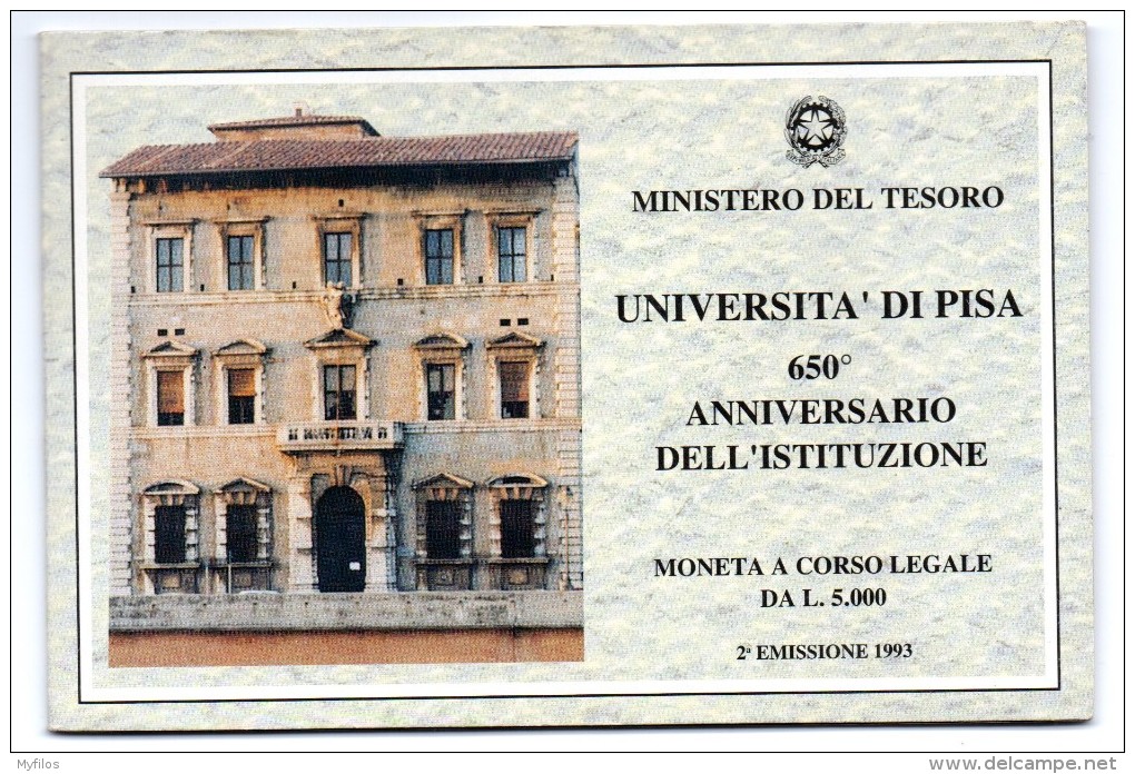 1993 ITALIA  UNIVERSITA' DI PISA 2° EMISSIONE LIRE 5000 ARG FDC - Commémoratives