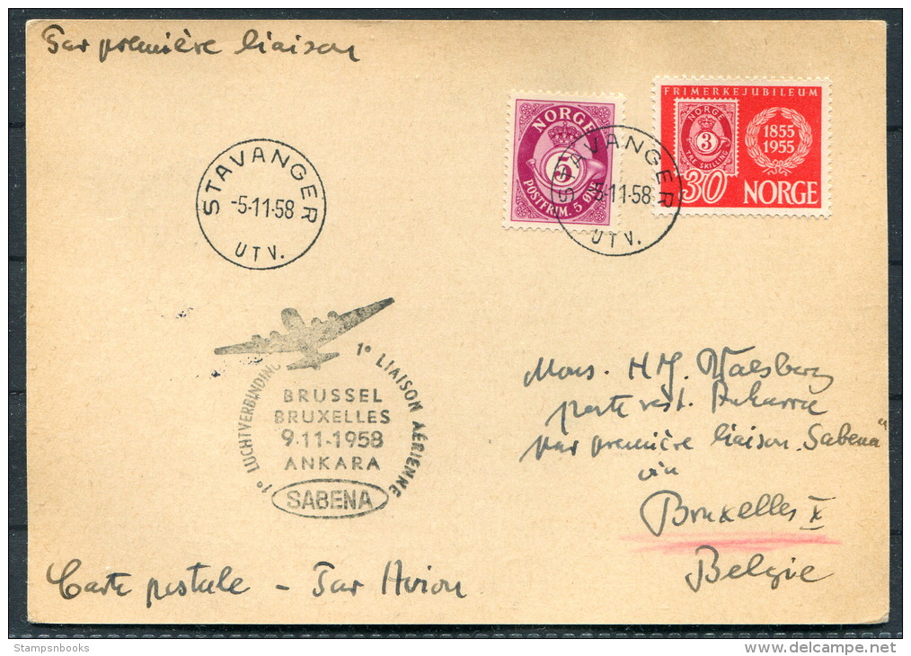 1958 Norway Stavanger Belgium SABENA Brussels - Ankara Turkey First Flight Postcard - Covers & Documents