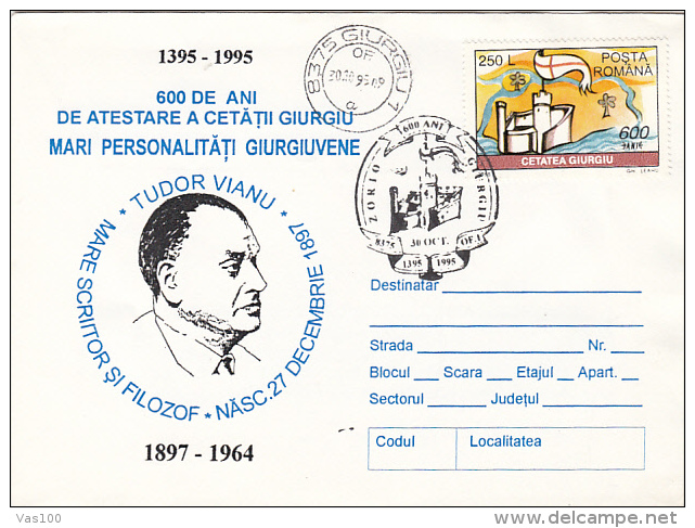 GIURGIU FORTRESS ANNIVERSARY, TUDOR VIANU- WRITER, SPECIAL COVER, 1995, ROMANIA - Briefe U. Dokumente