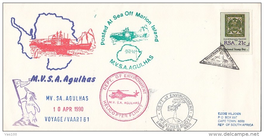 M.V.S.A. AGULHAS, POLAR SHIP,HELICOPTER, SPECIAL COVER, PENGUIN, POSTED AT SEA, 1990, SOUTH AFRIKA - Navires & Brise-glace