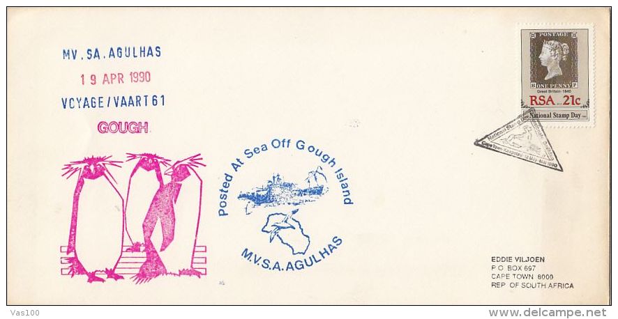 M.V.S.A. AGULHAS, POLAR SHIP, SPECIAL COVER, PENGUIN, POSTED AT SEA, 1990, SOUTH AFRIKA - Poolshepen & Ijsbrekers