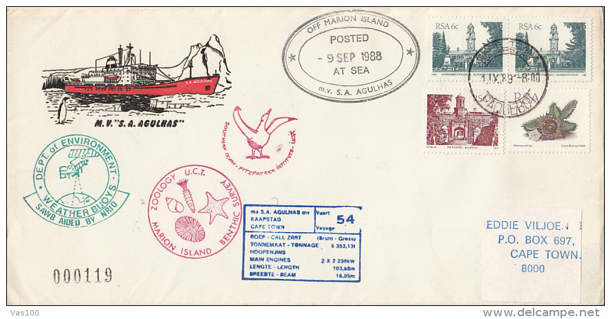 M.V.S.A. AGULHAS, POLAR SHIP, SPECIAL COVER, PENGUIN, POSTED AT SEA, 1988, SOUTH AFRIKA - Poolshepen & Ijsbrekers