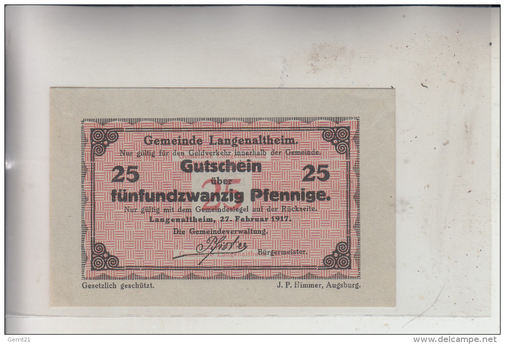 8831 LANGENALTHEIM, Notgeld 25 Pfg. 27.02.1917, Gute Erhaltung - Gunzenhausen