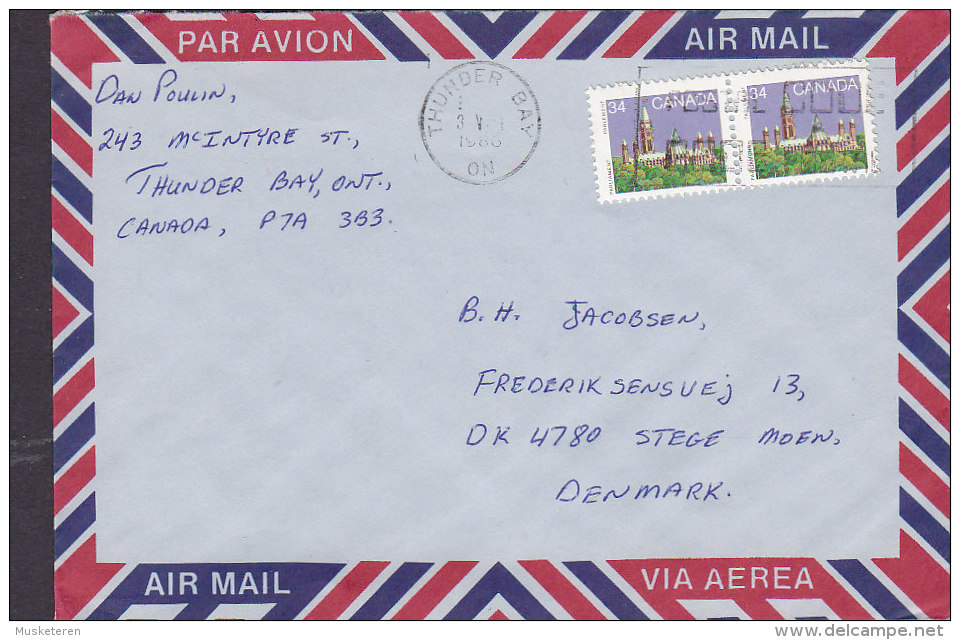 Canada Airmail Par Avion Via Aerea THUNDER BAY 1986 Cover Lettre To STEGE Møn Denmark 2x Parliament Stamps - Poste Aérienne