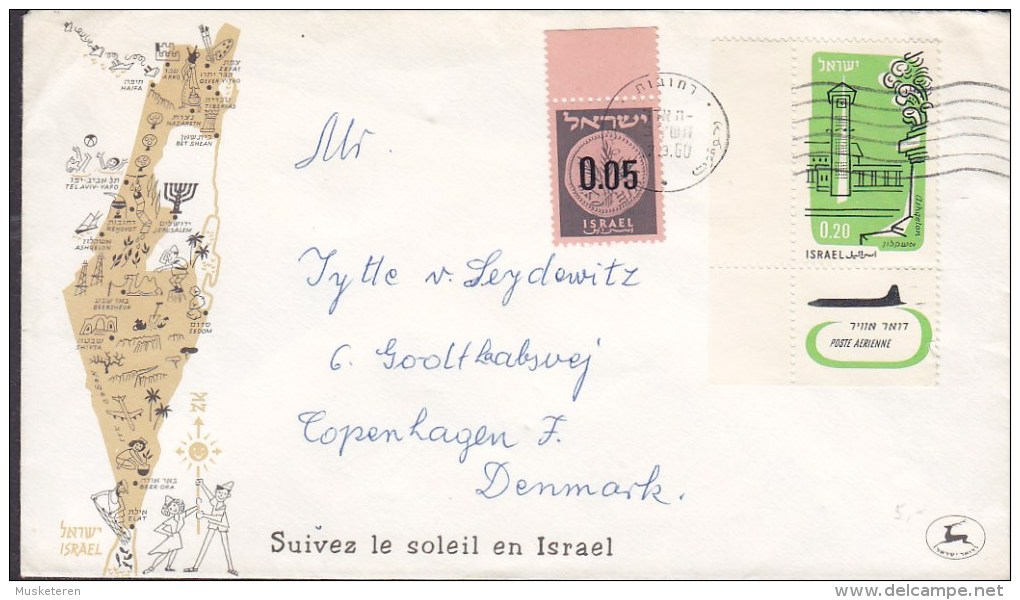 Israel REHOVAT 1960 Cover Lettre To Denmark "Suivez Le Soleil En Israel" Cachet Timbre Avec Tabs - Aéreo