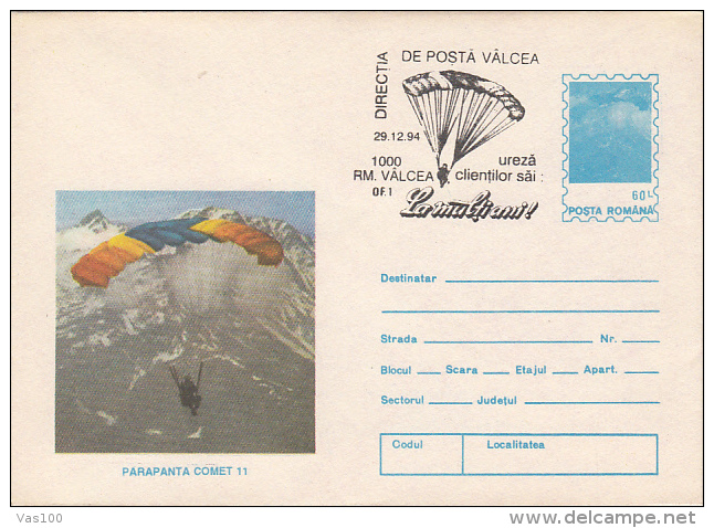 PARACHUTTING, COVER STATIONERY, ENTIER POSTAL, 1994, ROMANIA - Parachutisme
