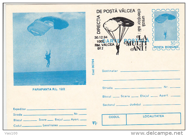 PARACHUTTING, PC STATIONERY, ENTIER POSTAL, 1994, ROMANIA - Parachutting