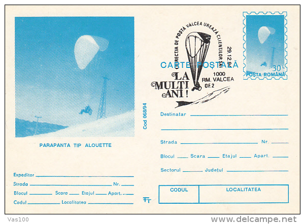 PARACHUTTING, PC STATIONERY, ENTIER POSTAL, 1994, ROMANIA - Fallschirmspringen