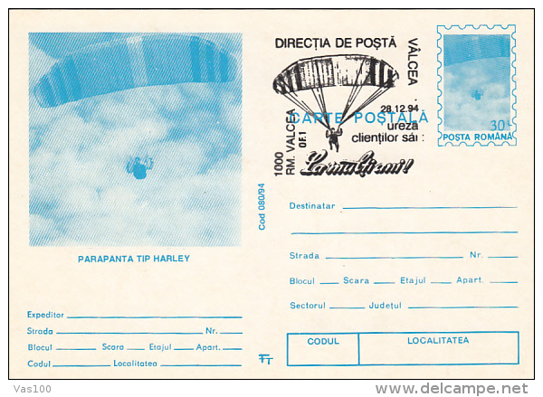 PARACHUTTING, PC STATIONERY, ENTIER POSTAL, 1994, ROMANIA - Fallschirmspringen