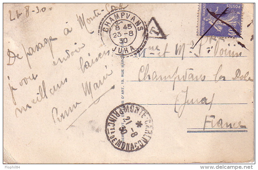 MONACO - SEMEUSE NON ACCEPTEE PAR LA POSTE MONEGASQUE - BIFFEE A L'ENCRE ET SIGNALEE POUR LA TAXATION-LE 21-8-1930. - Cartas & Documentos