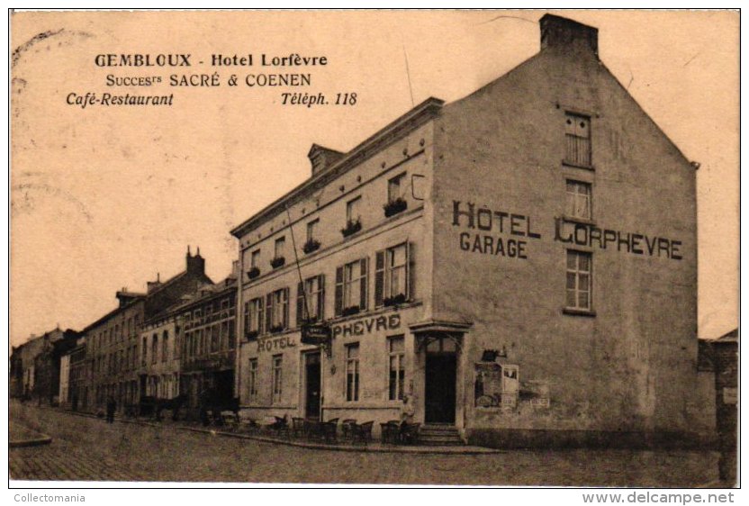 NAMUR     1 CP  Gembloux    Hôtel Lorfèvre  Café Restaurant  Sacré &amp; Coenen Tel 118   1928 - Gembloux