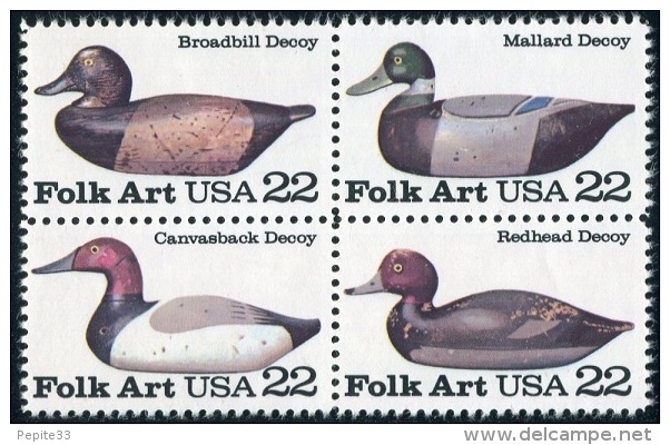 USA 1985 - Scott 2138-2141  Block Of 4, MNH **, AMERICAN FOLK ART  DECOY DUCKS, Block Of 4, MNH ** - Museums