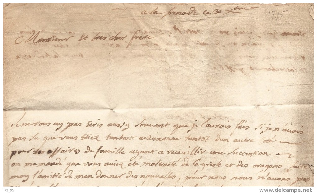 Cognac - 15 - Charente - Courrier De 1775 Adresse A Un Lieutenant Au Baillage De Lyon - 1701-1800: Voorlopers XVIII