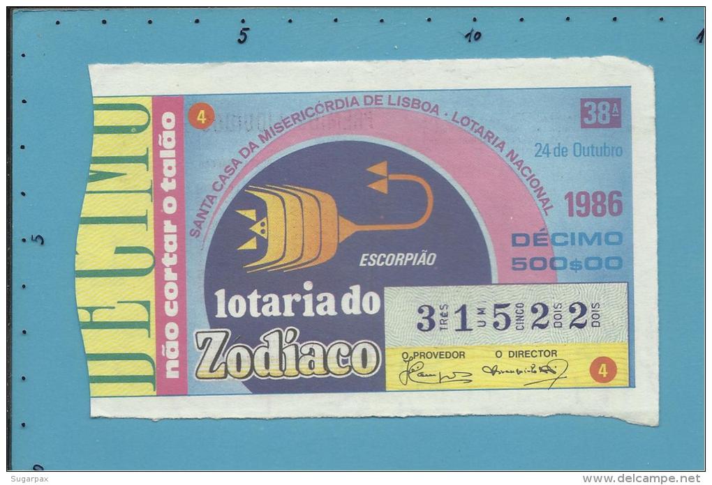 LOTARIA NACIONAL - 38.&ordf; ESP. - 24.10.1986 - ZODÍACO - SIGNO - ESCORPIÃO - Portugal - 2 Scans E Description - Lotterielose