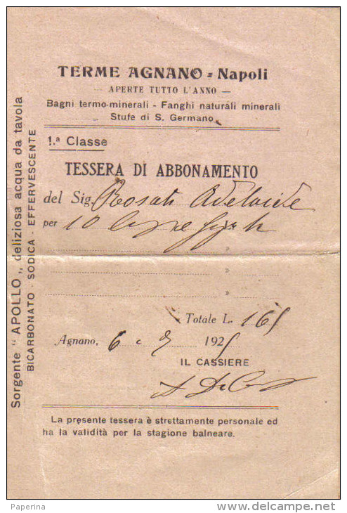 TERME DI AGNANO NAPOLI TESSERA DI ABBONAMENTO 1929 - Non Classificati