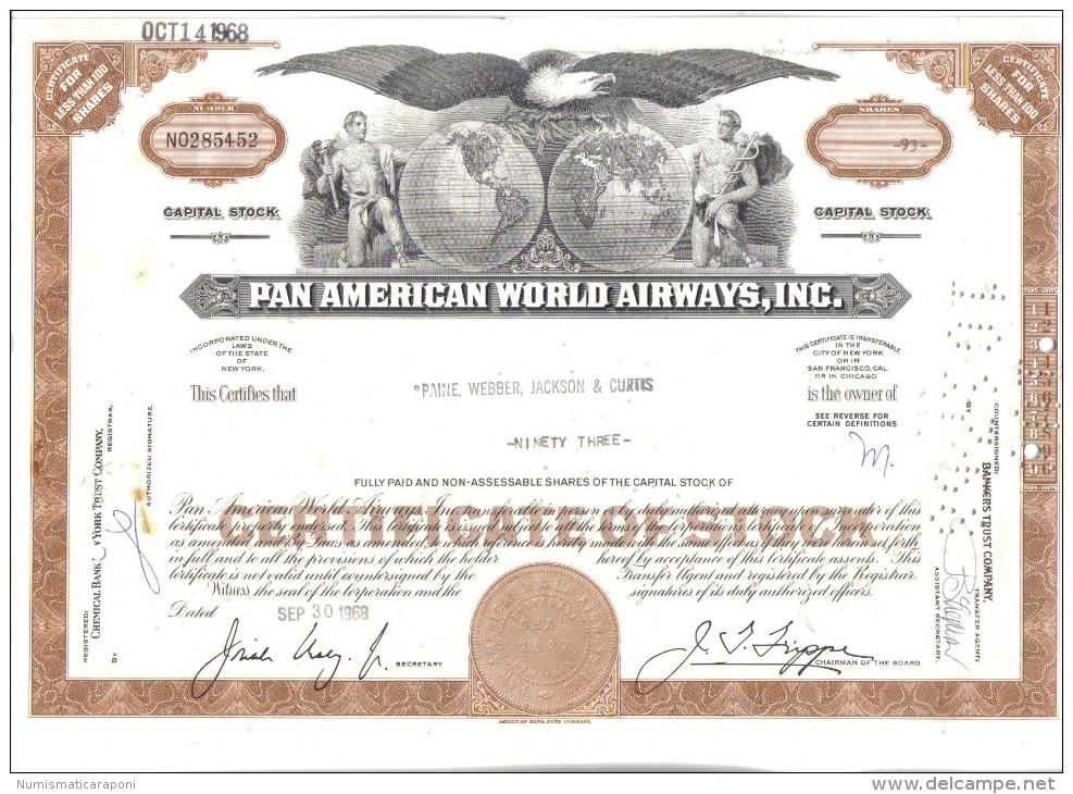 Scripofilia Pan American World Airways Certificate Of Stock 93 + 80 + 50 + 49 + 48 + 40 + 25 + 23 + 10 + 5 + 2  Doc.033 - Luchtvaart