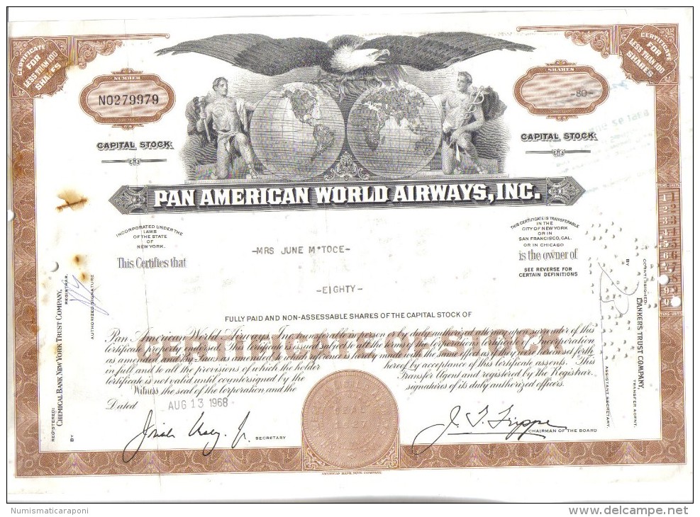 Scripofilia Pan American World Airways Certificate Of Stock 93 + 80 + 50 + 49 + 48 + 40 + 25 + 23 + 10 + 5 + 2  Doc.033 - Fliegerei