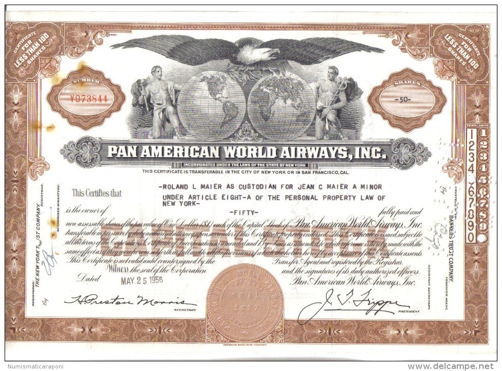 Scripofilia Pan American World Airways Certificate Of Stock 93 + 80 + 50 + 49 + 48 + 40 + 25 + 23 + 10 + 5 + 2  Doc.033 - Aviation