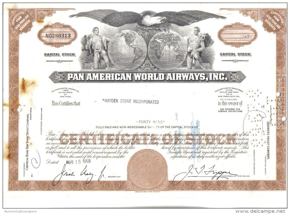 Scripofilia Pan American World Airways Certificate Of Stock 93 + 80 + 50 + 49 + 48 + 40 + 25 + 23 + 10 + 5 + 2  Doc.033 - Aviazione