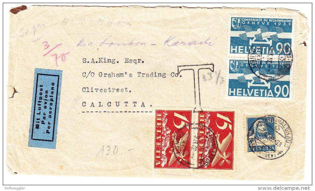 Luftpost Brief 7.9.1932 Flimswaldhaus Transit Chiasso 9.9.1932 Nach Calcutta Mit AK-Stempel - Autres & Non Classés