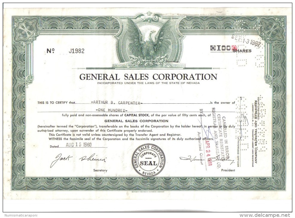 Scripofilia : General Sales Corporation 100 Shares Nevada Doc.037 - Altri & Non Classificati