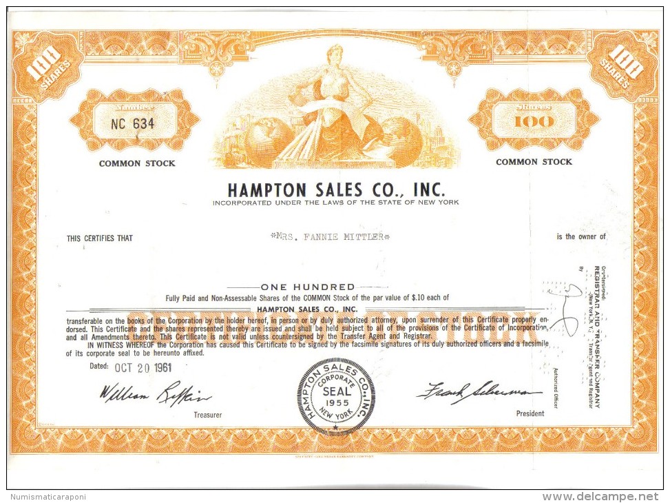 Scripofilia : Hampton Sales Co Inc 100 Shares New York 1955 Doc.038 - Altri & Non Classificati