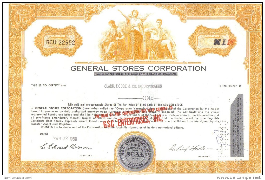 Scripofilia : General Stores Corporation 1 Shares Delaware 1968 Doc.039 - Altri & Non Classificati