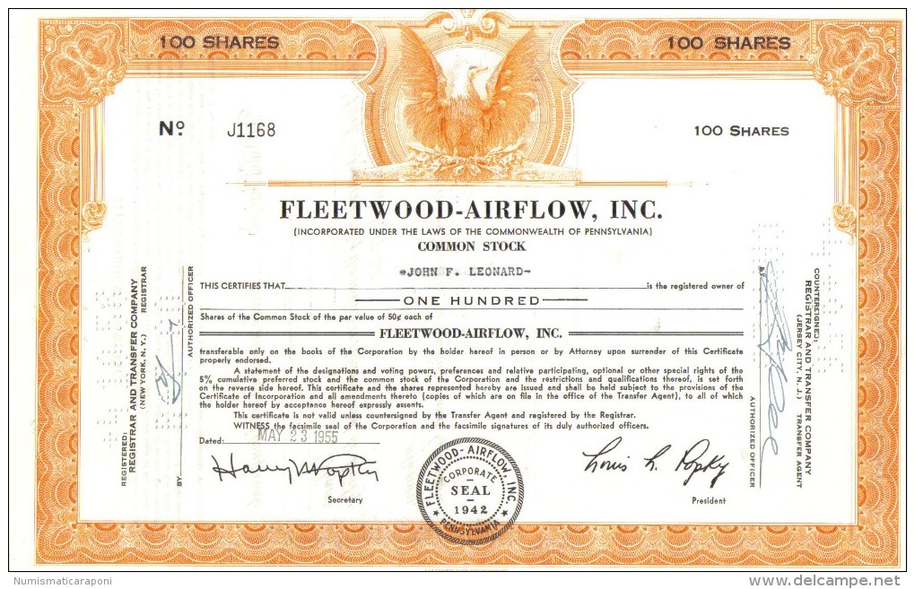 Scripofilia : Fleetwood Airflow Inc 100 Shares Pennsylvania  1942 Doc.040 - Aviation