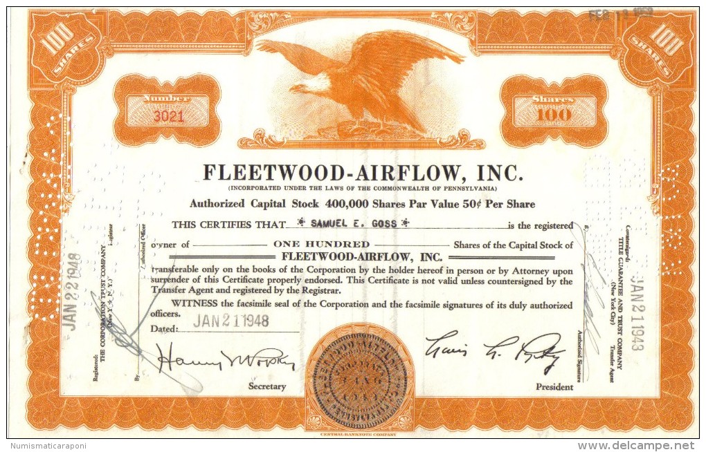 Scripofilia : Fleetwood Airflow Inc 100 Shares Pennsylvania  1943 Doc.041 - Aviación