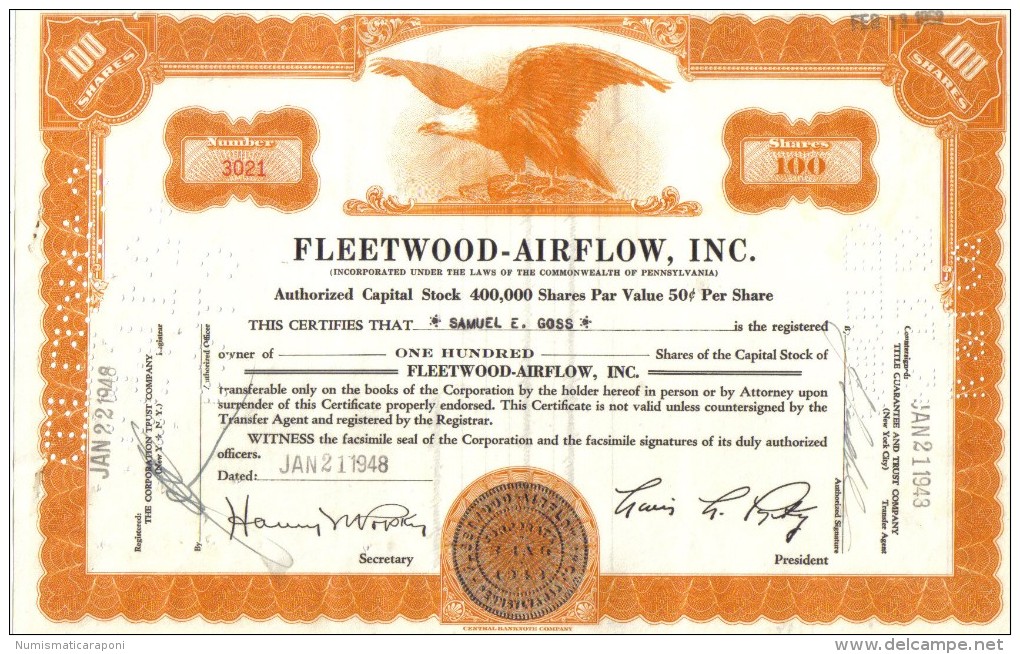 Scripofilia : Fleetwood Airflow Inc 100 Shares Pennsylvania  1943 Doc.041 - Fliegerei