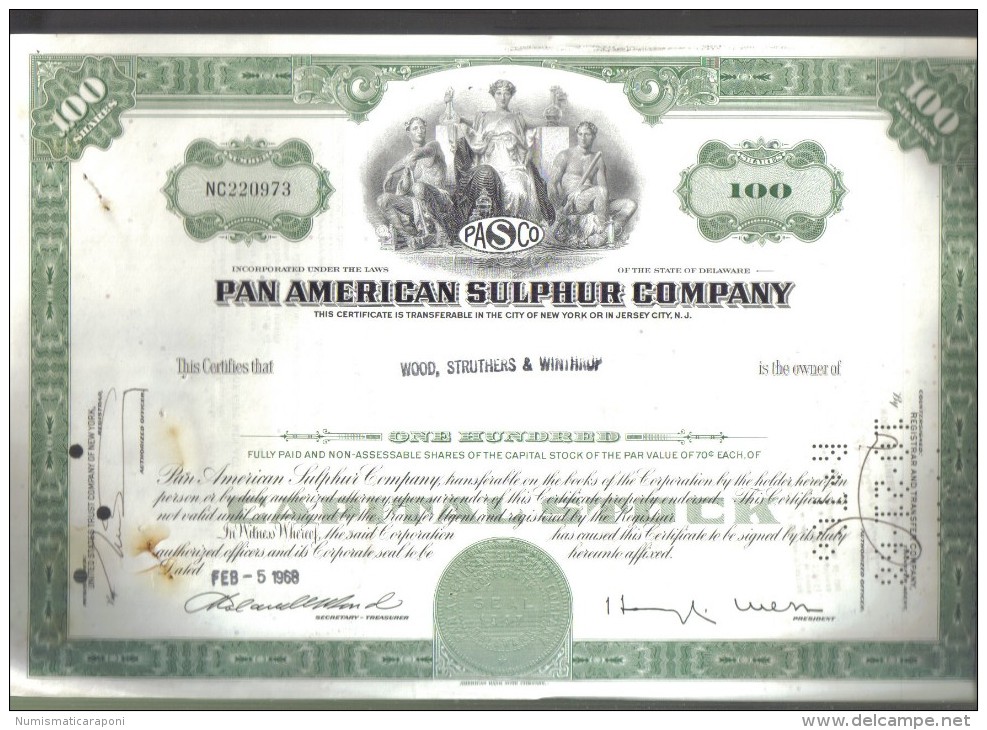 Scripofilia : Pan American Sulphur Company 100 Shares Delaware  1947 Doc.042 - Fliegerei