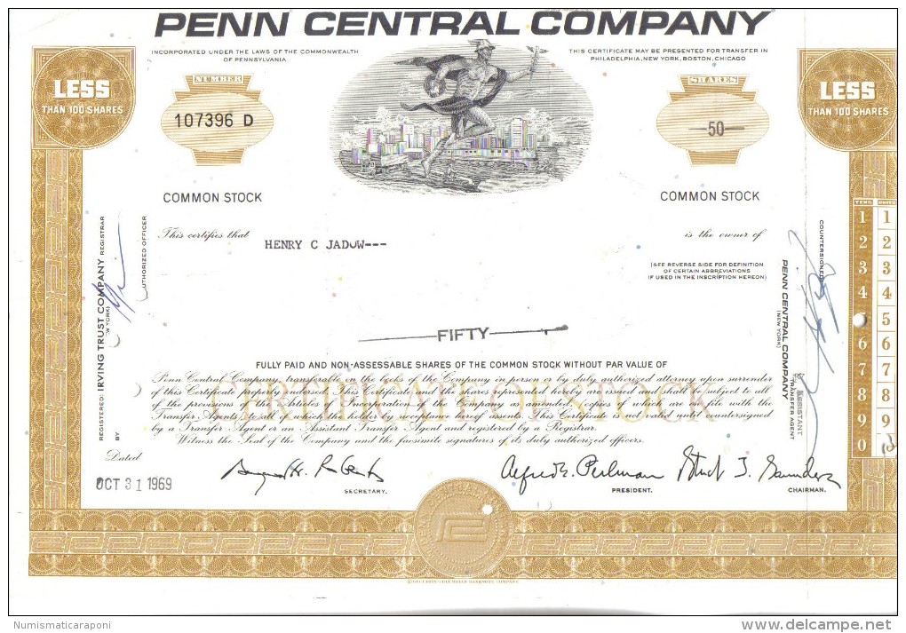 Scripofilia : Penn Central Company 50 Shares Philadelphia  1969 Doc.043 - Aviación