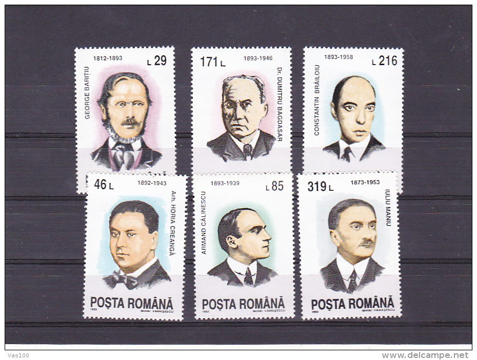 ANNIVERSARIES, FAMOUS PEOPLE, MI 4924/29,  MNH**, 6 STAMPS, 1993, ROMANIA - Ongebruikt