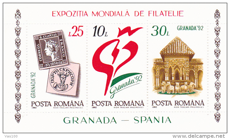 WORLD PHYLATELIC EXHIBITON, GRANADA SPAIN,  MNH**, BLOCK, 1992, ROMANIA - Unused Stamps