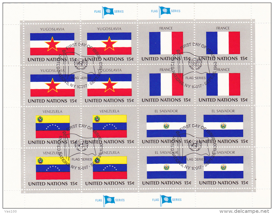 UNITED NATIONS, FLAGS,YUGOSLAVIA, FRANCE, VENEZUELA, EL SALVADOR, CANCELATION FDC, MINISHEET - Stamps