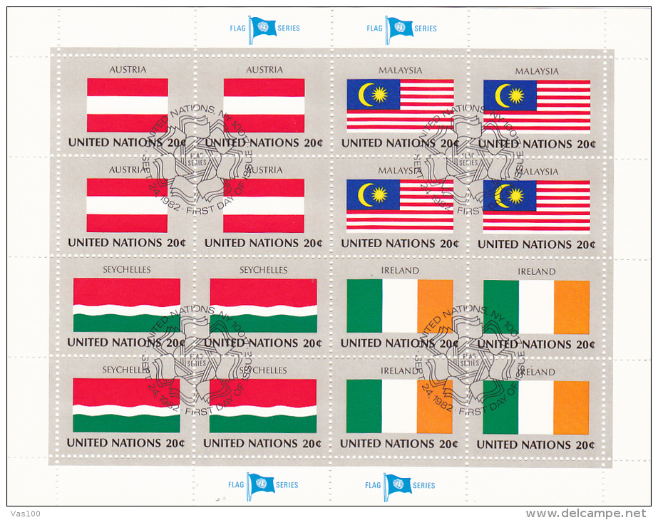 UNITED NATIONS, FLAGS,AUSTRIA, MALAYSIA, SEYCHELLES, IRELAND, CANCELATION FDC, MINISHEET - Stamps