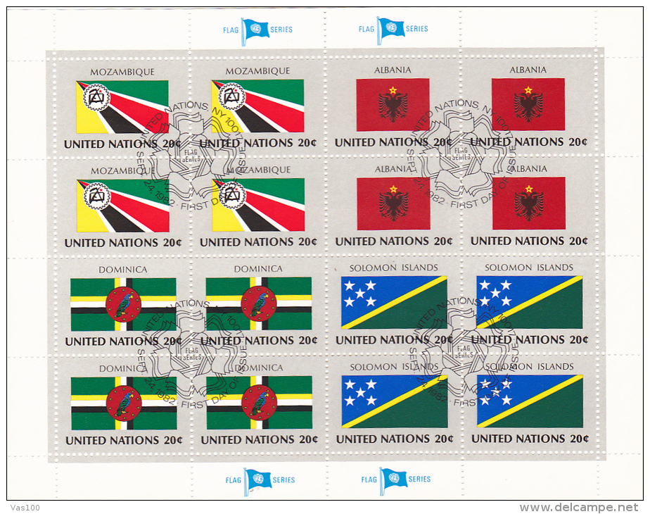 UNITED NATIONS, MOZAMBIQUE, ALBANIA, DOMINICA, SOLOMON ISLANDS, CANCELATION FDC, MINISHEET - Stamps