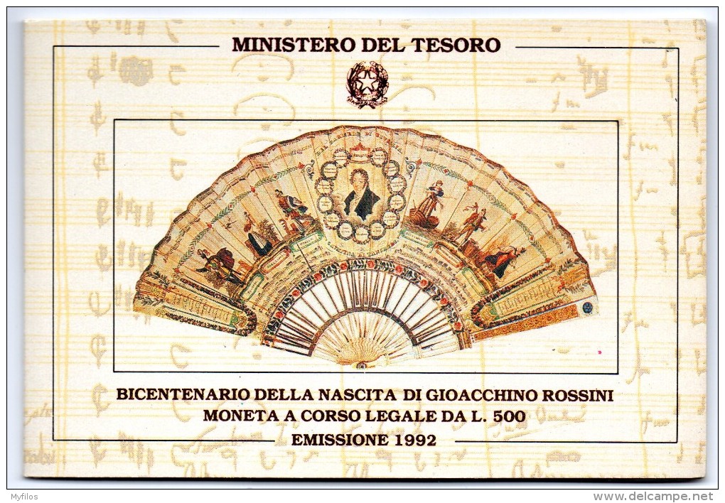 1992 ITALIA GIOACCHINO ROSSINI 200° DELLA NASCITA LIRE 500 ARG FDC - Herdenking