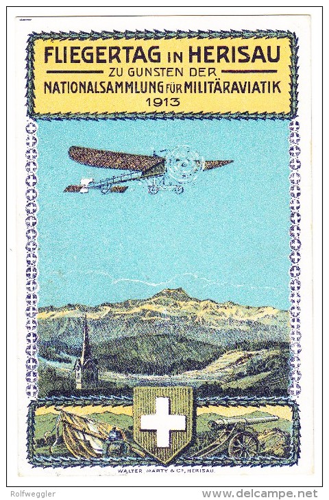 Fliegertage Herisau 1913 - Offizielle Karte Mit Vignette 14.V.13 Herisau Nach Ulm D. - Altri & Non Classificati