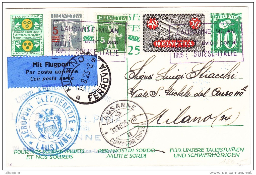 1.Flug Lausanne-Milan 31.VII.25 Lausanne Auf "Taubstumen" Karte Nach Mailand AK-Stempel - Autres & Non Classés