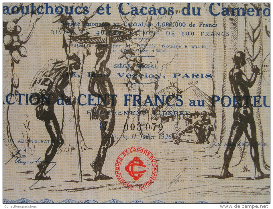 Magnifique Action Décorée. Caoutchoucs Et Cacaos Du Cameroun. Action De 100 Francs - Afrika