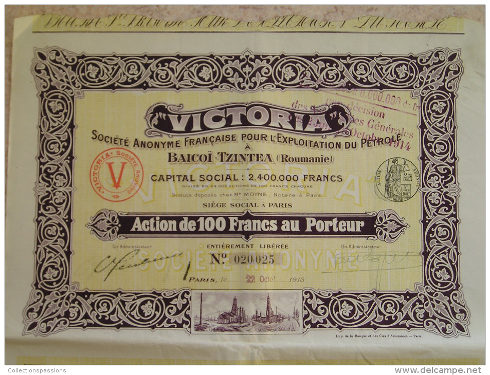 Magnifique Action Décorée. Victoria. Action De 100 Francs - Oil
