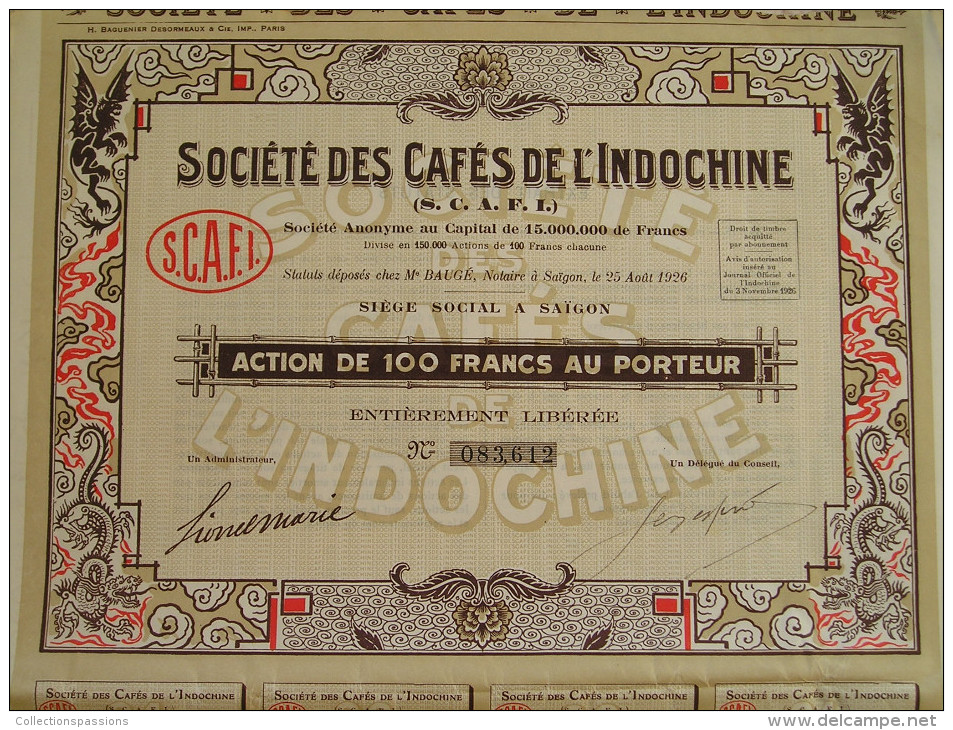 Magnifique Action Décorée. Société Des Cafés De L'Indochine. Action De 100 Francs - Asie