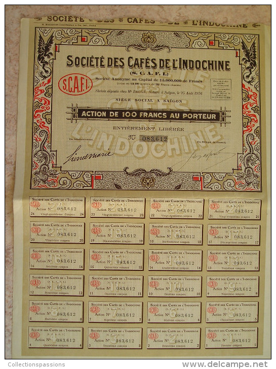 Magnifique Action Décorée. Société Des Cafés De L'Indochine. Action De 100 Francs - Asie