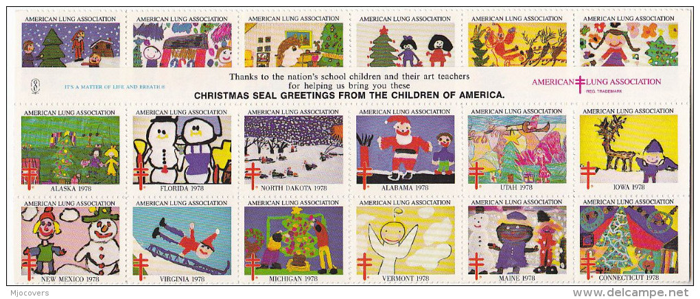 1978 COMPLETE SHEET Of 54 DIFFERENT AMERICAN LUNG ASSOCIATION TB Christmas SEALS Tuberculosis Label Seal - Erinofilia