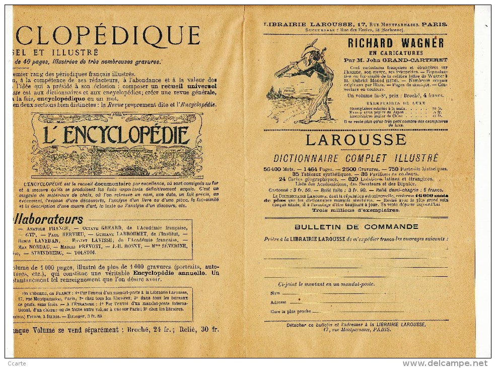 PARIS (75006) / PUBLICITES / LIBRAIRIE LAROUSSE 17, Rue Montparnasse Dépliant D' Etrennes 1895 Avec BULLETIN DE COMMANDE - Pubblicitari