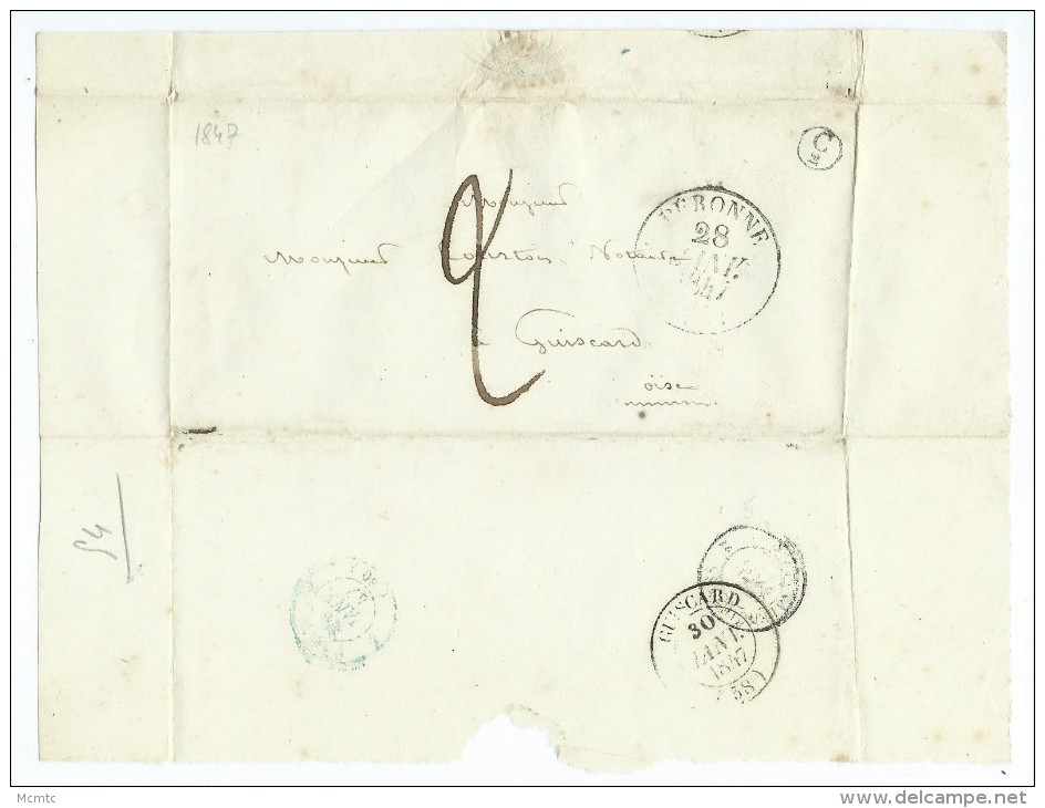 Papier Avec Cachet De Péronne Et Cachet De Guiscard 1847 - 1801-1848: Voorlopers XIX