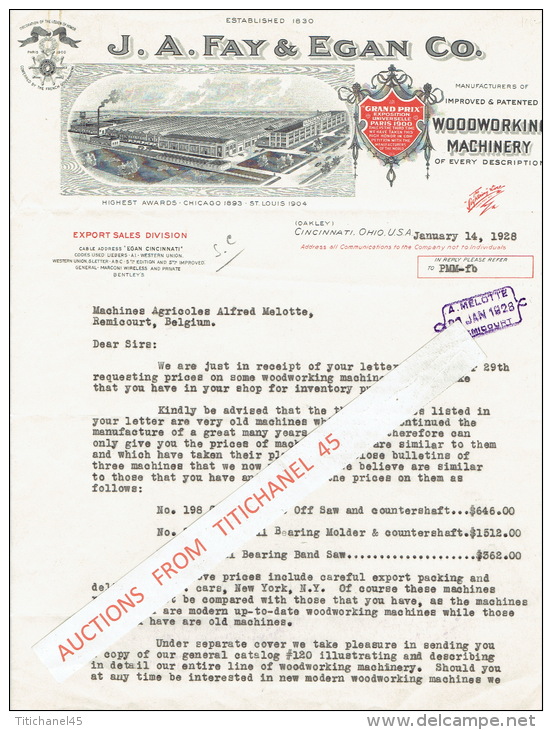 Lettre Illustrée 1928 CINCINATTI, OHIO U.S.A. - J. A. FAY &amp; EGAN Co - Manufacturers Og Woodworking Machinery - Verenigde Staten