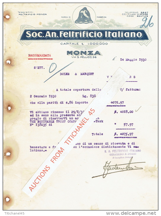 Lettre 1930 MONZA -  Soc. An. FELTRIFICIO ITALIANO - Fabbrica Feltri Lana - Italie